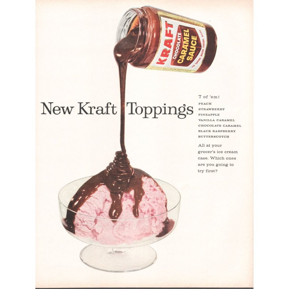 1960 Kraft Chocolate Caramel Sauce Ice Cream Sundae Topping Vintage Print Ad 60s